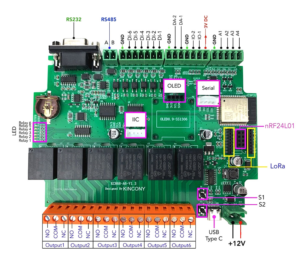 Схема подключения платы KinCony KC868-A6