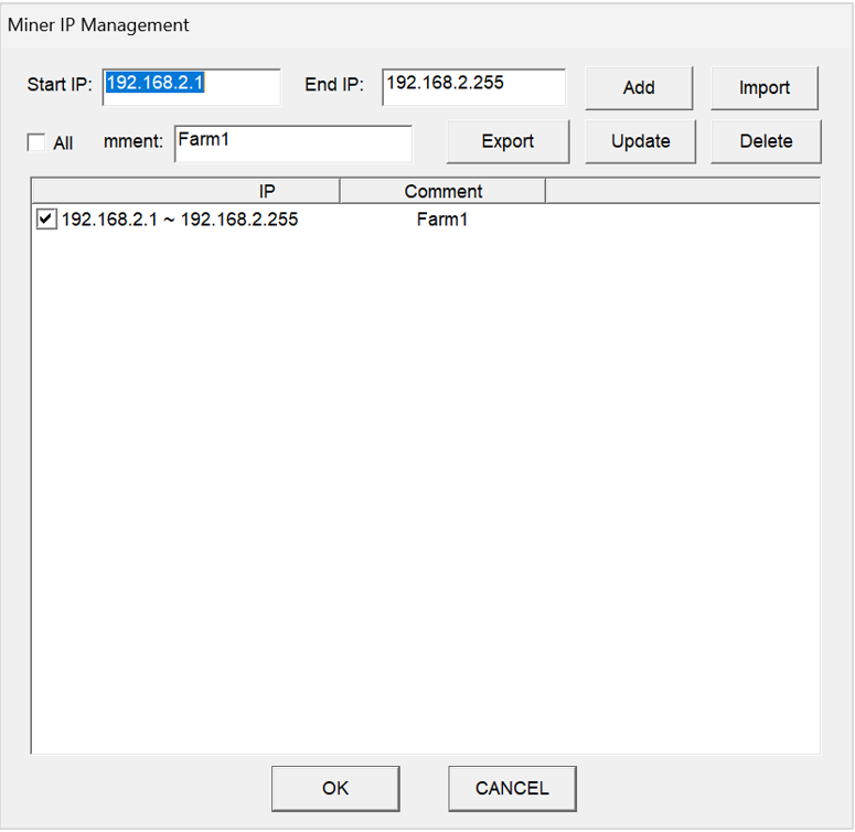 Окно Miner IP Management